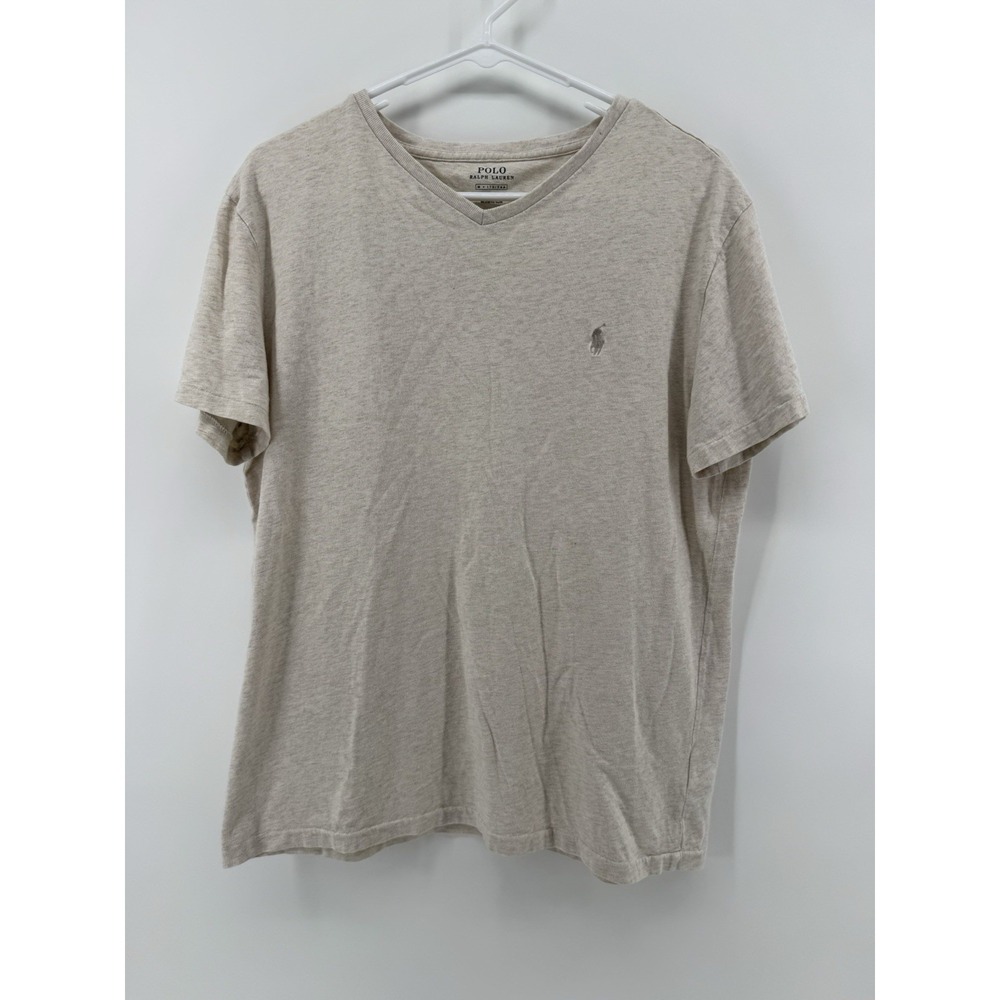 Polo Ralph Lauren Shirt Men M Beige V Neck Short Sleeve Preppy Pony Logo